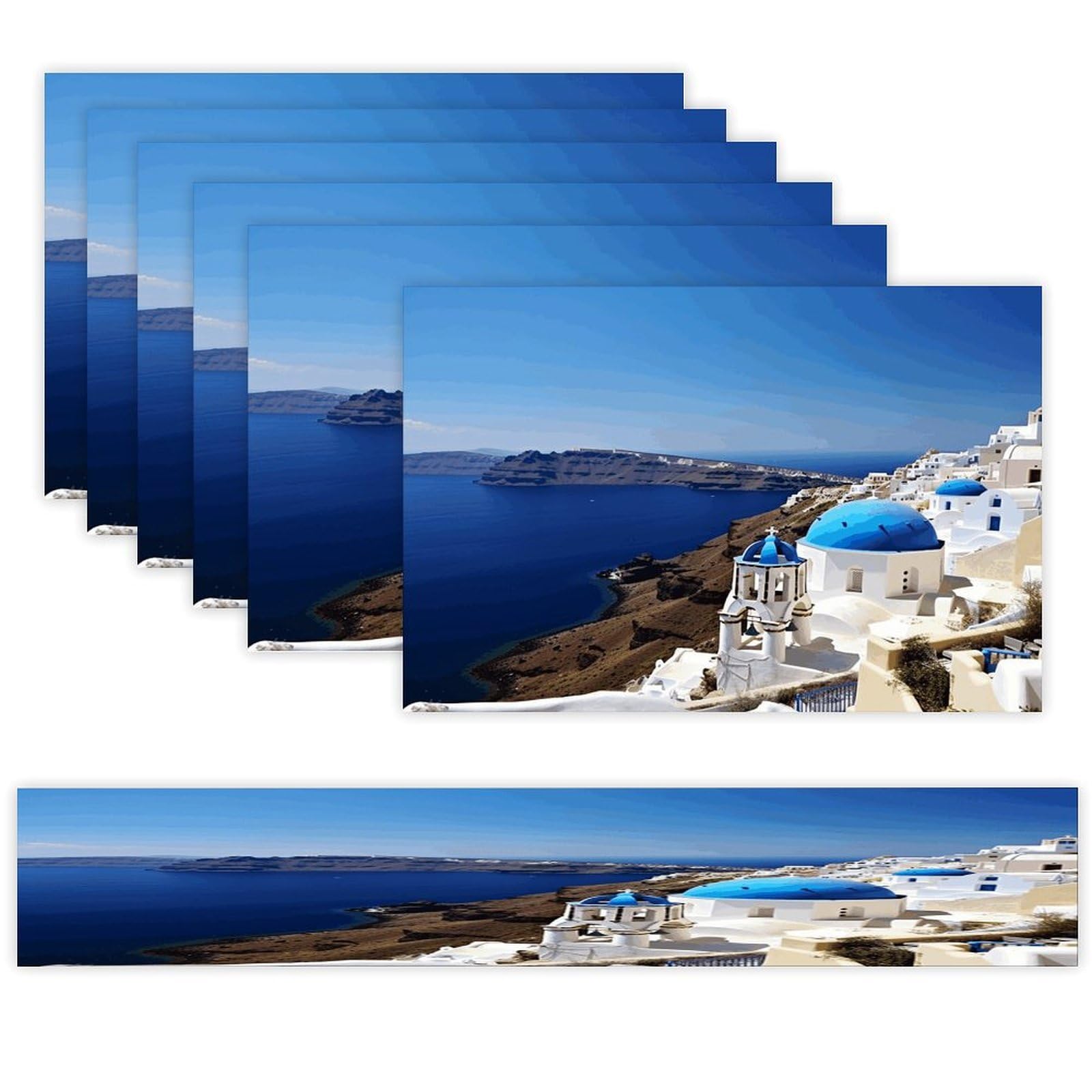 Santorini Greek Island Sea View Placemats Set of 6 and Table Runner for Holiday Party Kitchen Dining Table Decor Farmhouse Style Washable Table Mat Set Heat Resistant Linen Place Mat Sets