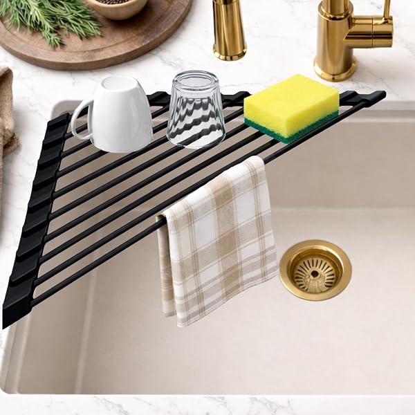 Esila Scolapiatti Angolare per Lavello, Griglia Asciugatura Cucina Multifunzione, Porta Spugna e Bicchieri, Organizer Salvaspazio per Lavandino, Antiscivolo e Resistente (Nero) - 1