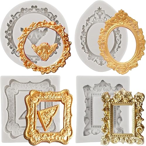 Juego de 4 marcos de fotos para fondant, marcos de fotos de silicona, moldes de marco vintage para decoración de pasteles, decoración de cupcakes,