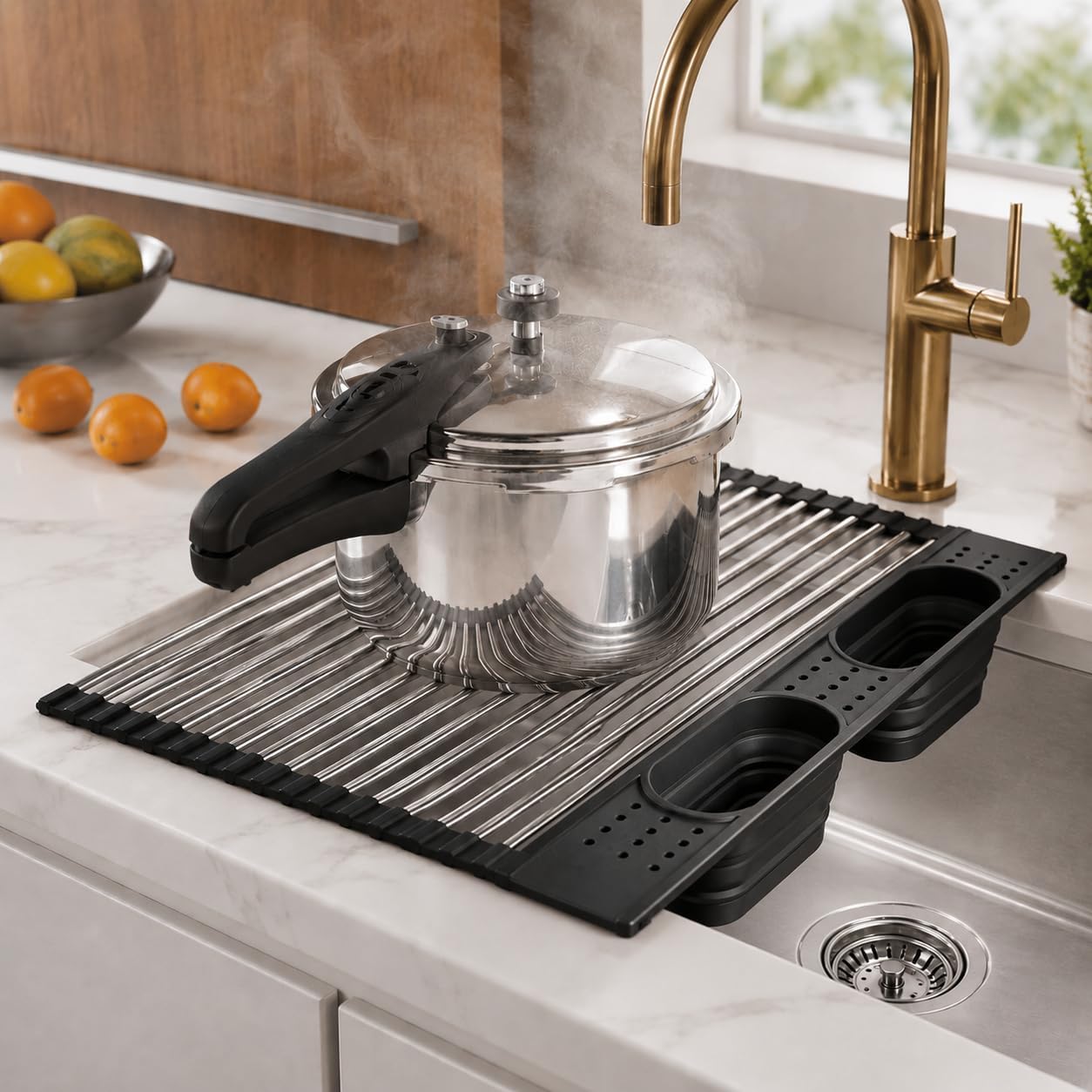 Roll Up Dish Drying Rack Over Sink, Stainless Steel, Black, 17.5"