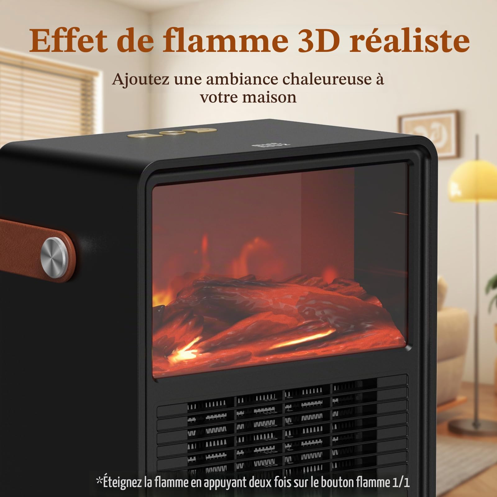 Minthouz Chauffage Électrique 1200W/800W avec Effet Flamme 3D, Thermostat Réglable, Silencieux, Économe en Énergie, Protection Contre la Surchauffe et le Renversement – Idéal pour Chambre & Bureau