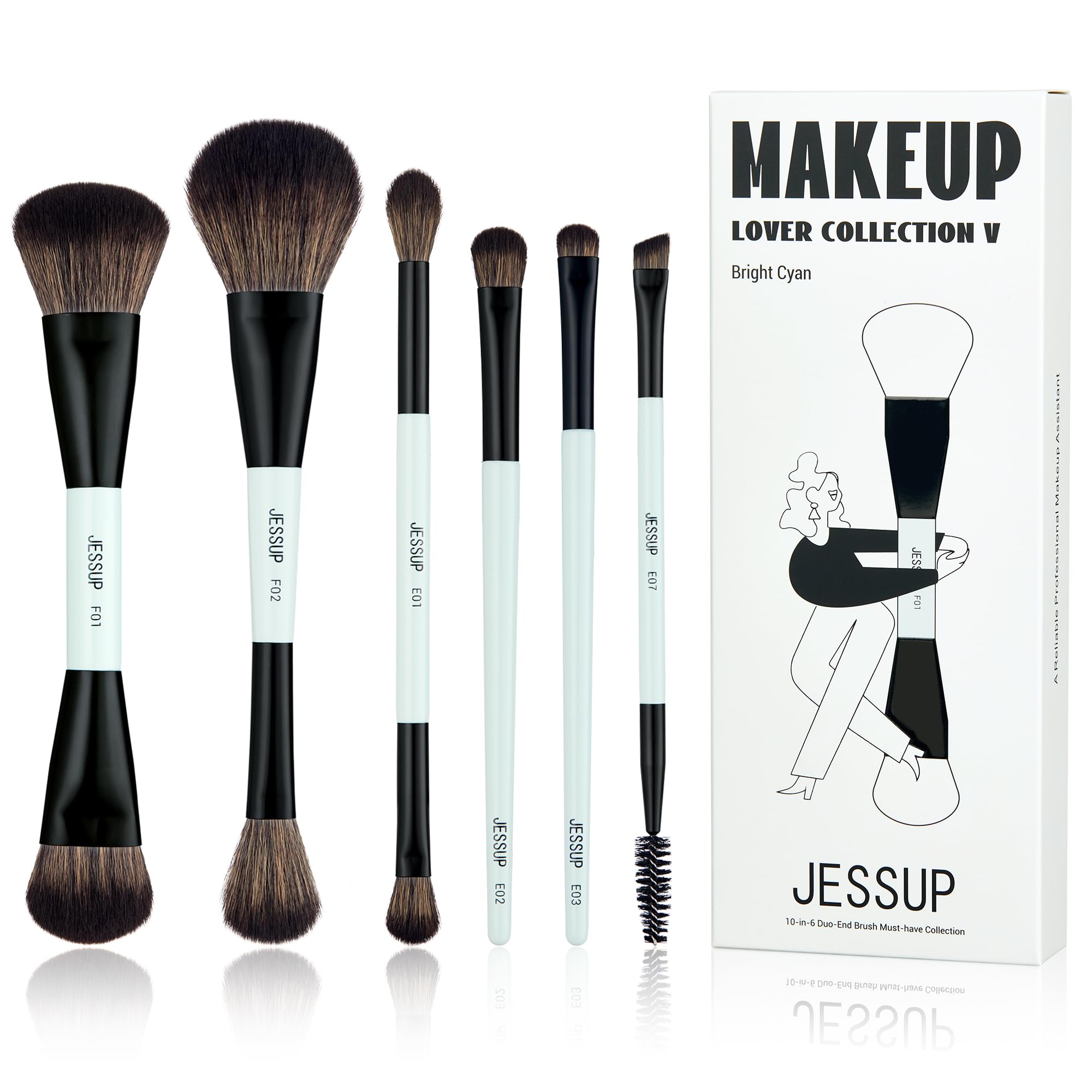 JessupMakeup Brush Set 6pcs Double Sided Makeup Brushes Foundation Contour Blush Highlight Blending Eyebrow Brush Eyeshadow Brush, Vegan Fiber Make up Brush Bright Cyan T501