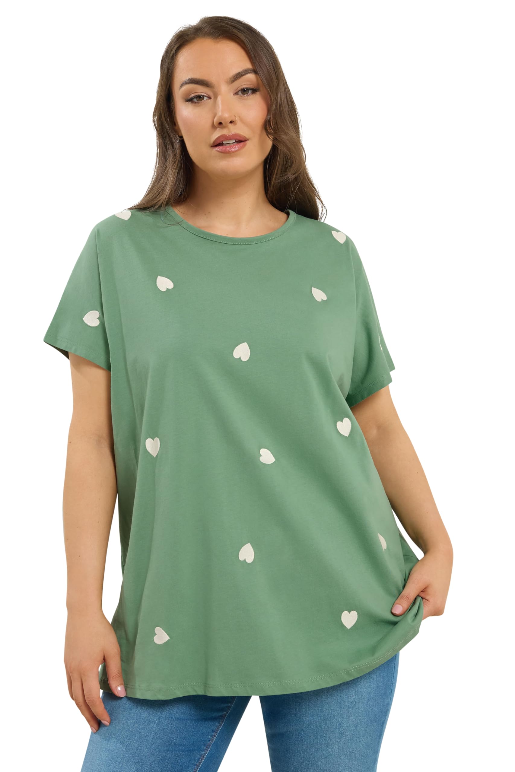 Yours Women's Green Curve Embroidered Heart T-Shirt - Plus Size Curve
