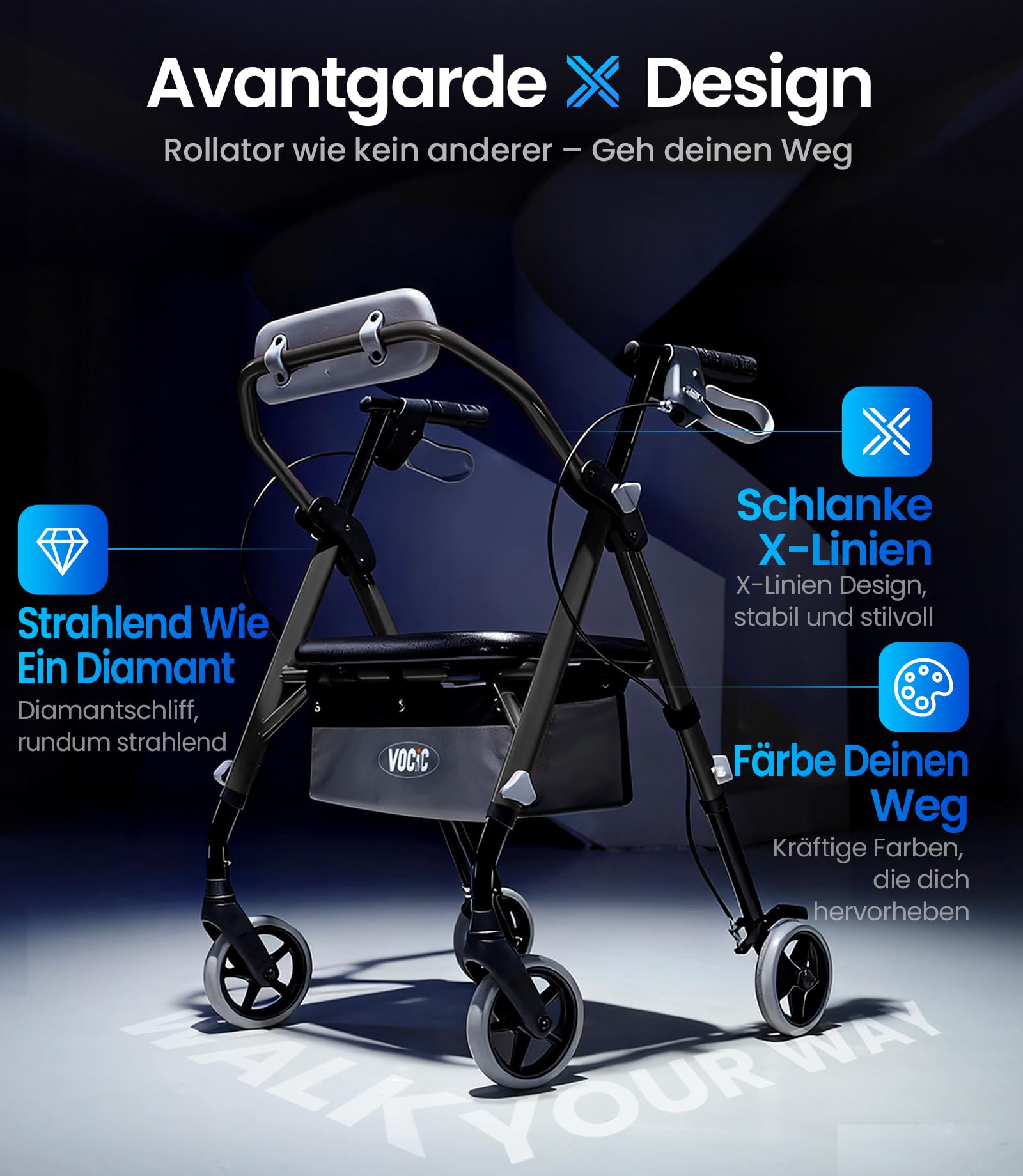 VOCIC Z11 Rollator faltbar und leicht mit Sitz, Max 172kg, Rollator schmal für wohnung, Rollatoren leicht klappbar für Senioren, Ergonomischer Sitz, höhenverstellbar, Obsidian, 5 Jahre Support