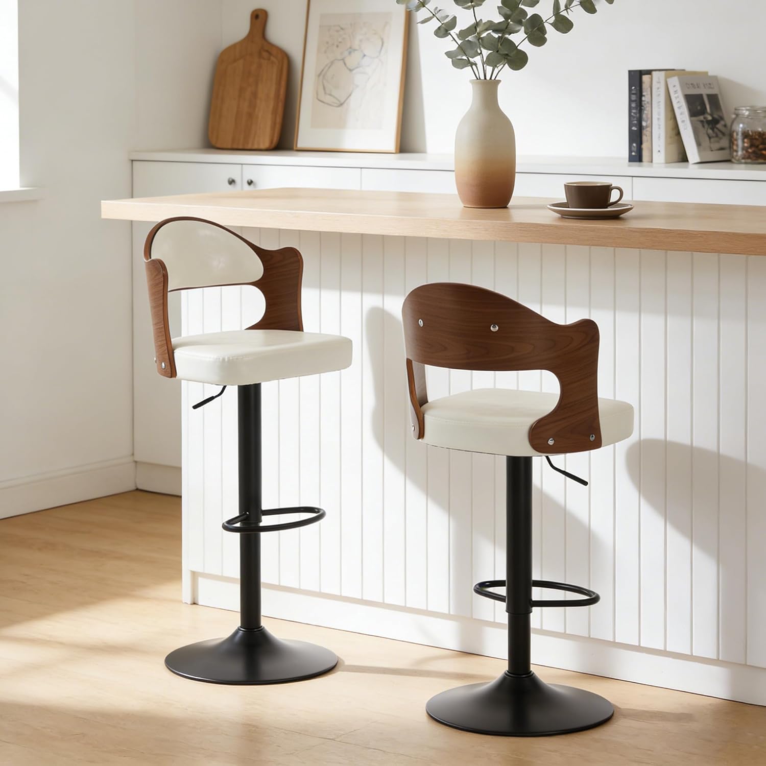 Bar Stools Set of 2, 360° Swivel Barstools with Solid Wood Back and Footrest, Leather Adjustable Counter Height Chairs for Kitchen, Bar, Dining Room (White)