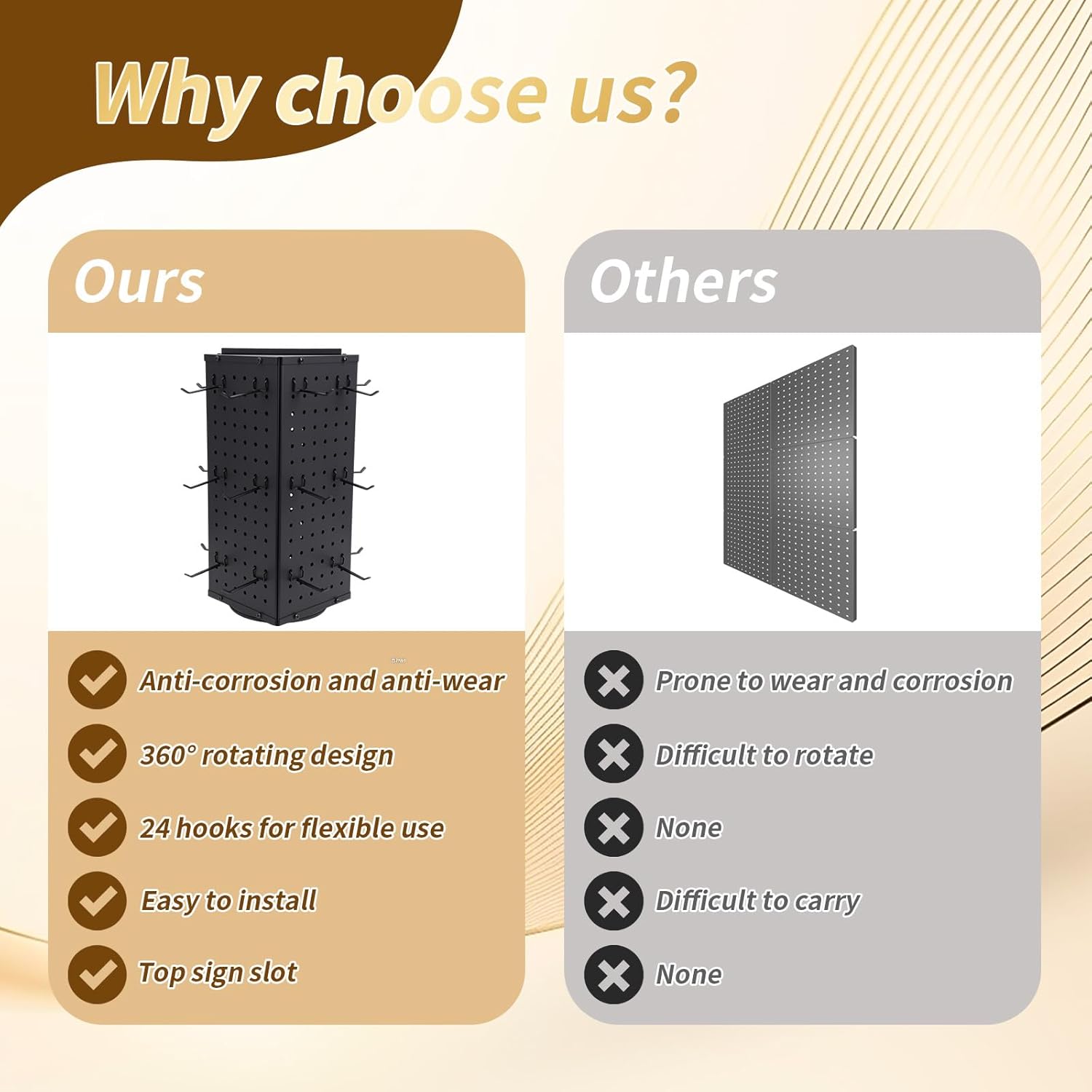 Rotating Pegboard Display Stand with 24 Metal Hooks, 4-Sided Spinning Organizer Rack for Retail, Craft Shows, Vendors, Accessories, Jewelry, and Product Display (Black)