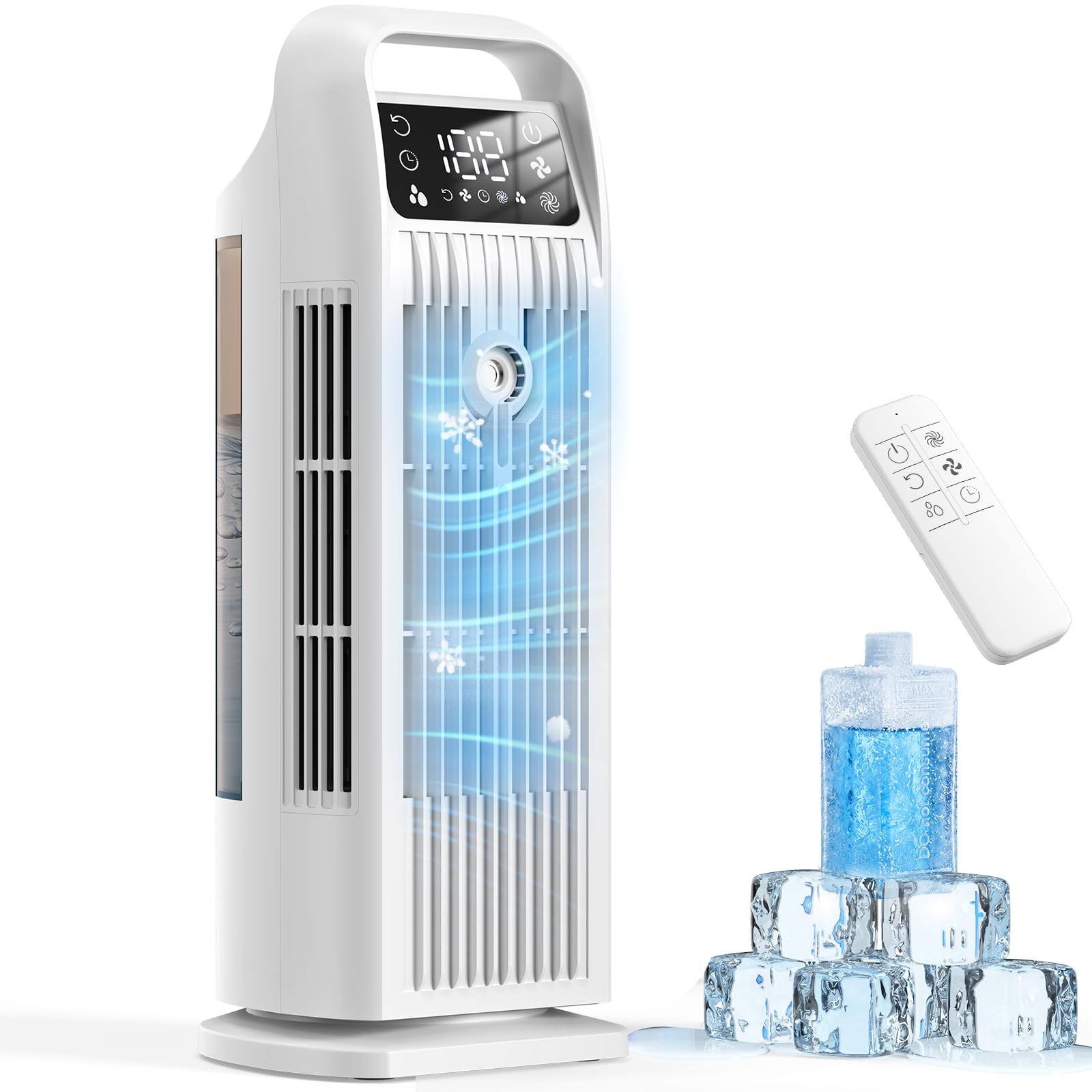 Climatiseur portable sans tuyau 6 en 1, rafraîchisseur d’air à refroidissement par eau, silencieux 36 W, réservoir 1200 ml, mode turbo 7 m/s, pour chambre et appartement, blanc perle