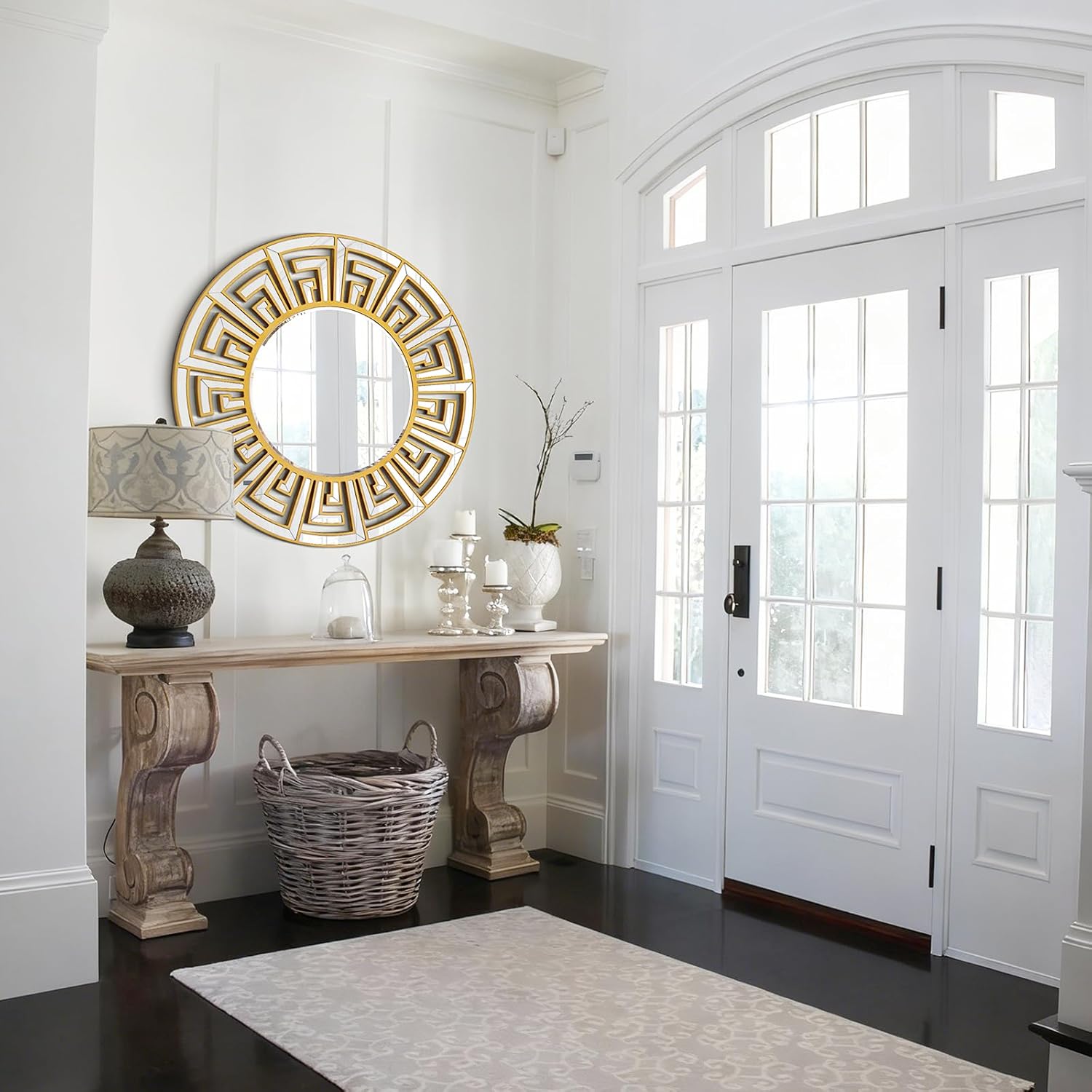 31.5"x31.5" Gold Round Mirror with Decorative Geometric Pattern, Accent Wall Mounted Mirror for Modern Living Room, Dining Room, Bedroom, Entryway