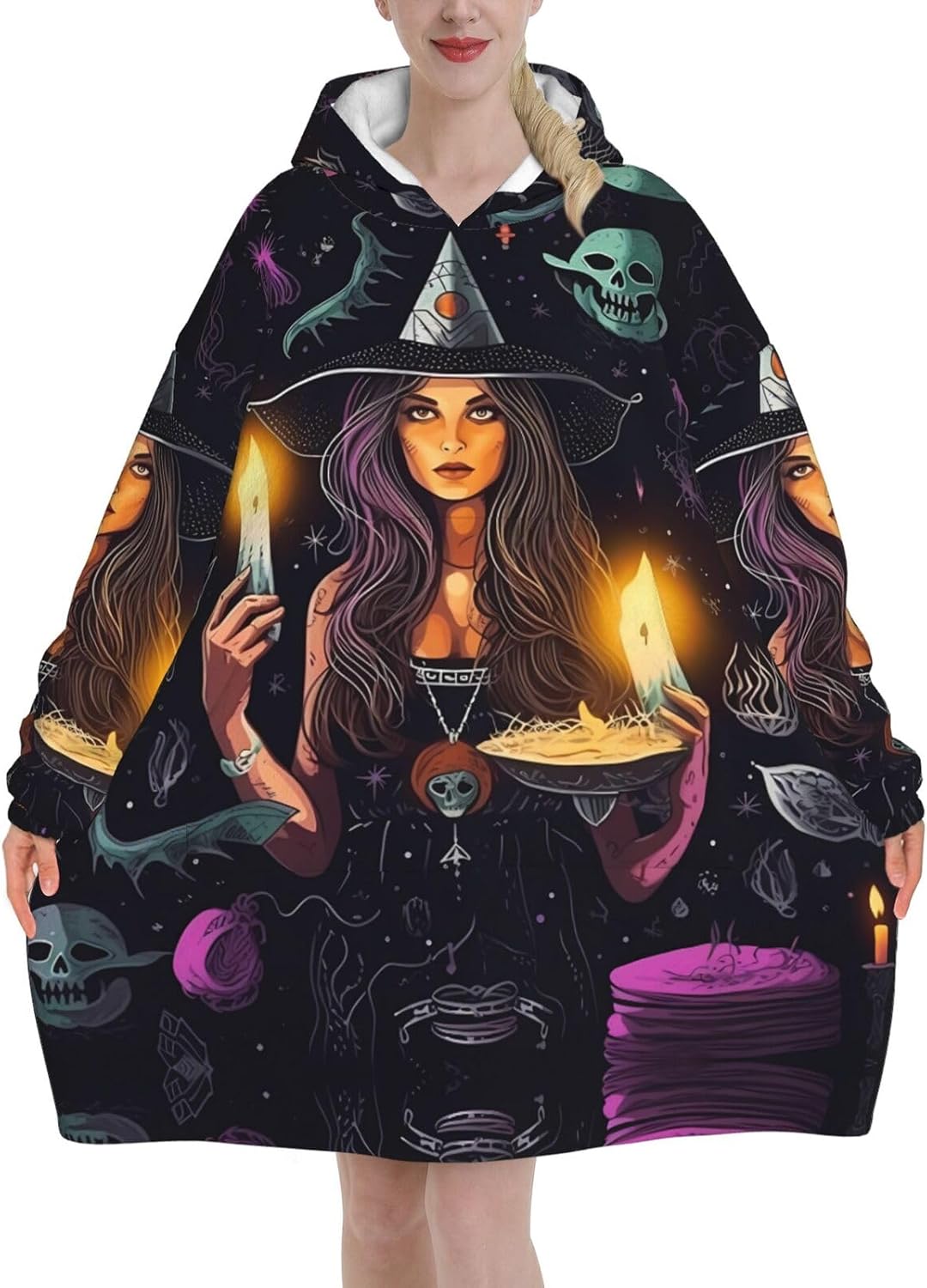 Magic Witch Witchcraft Bohemian Drawing Print Blanket Hoodie Fleece Sweatshirt Blanket With Sleeves And Pockets