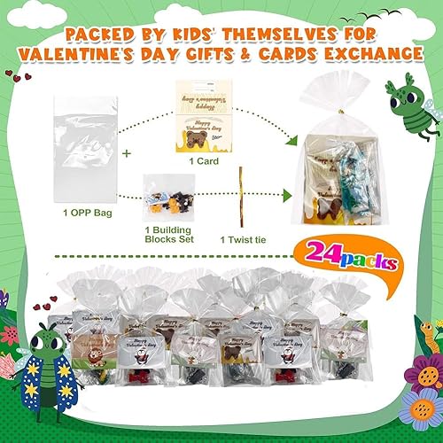 Miniatura 3 de Linmix Paquete de 24 tarjetas de San Valentín con juguetes de bloques de construcción, regalos a granel para el día de San Valentín para niños,