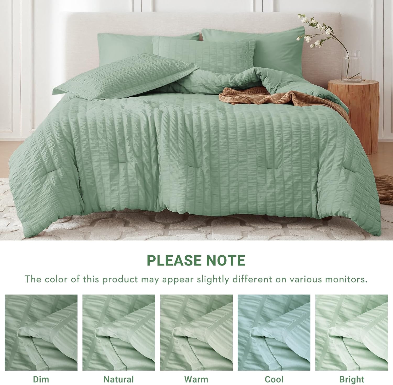MUXHOMO 7 Pieces Queen Comforter Set, Seersucker Bed in a Bag Queen Size, All Season Luxury Bedding Set with Comforter, Flat Sheet, Fitted Sheet, Pillowcases & Shams, Sage Green - Image 5
