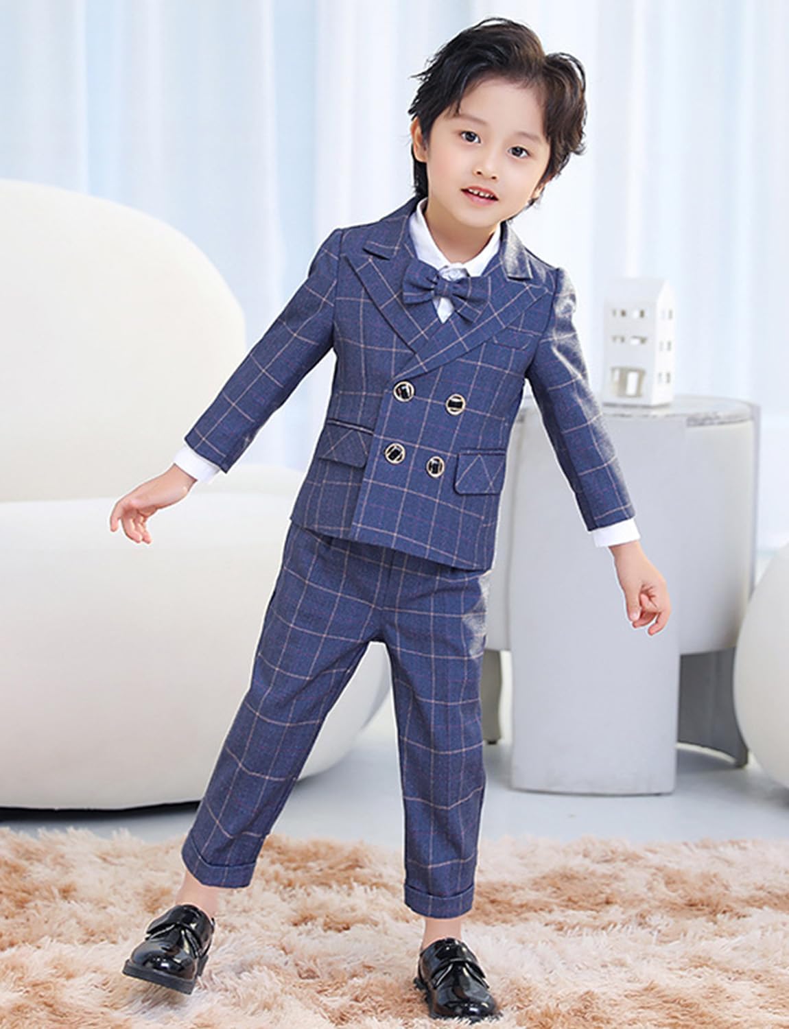 Kromoc Boys' Checked Suit Peak Lapel Double Breasted Jacket Vest Pants 3-Piece for Graduation Party