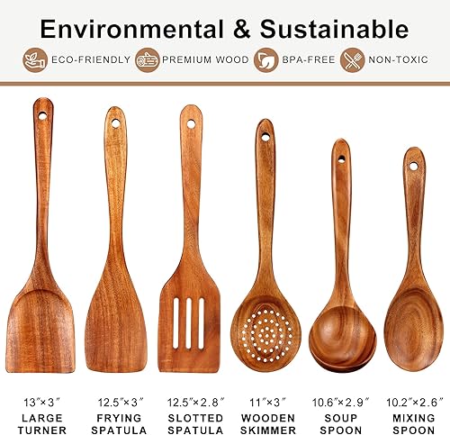 Miniatura 4 de Juego de utensilios de cocina de madera de teca de 6 piezas, herramientas de cocina antiarañazos y no tóxicas con espátula, espátula ranurada,
