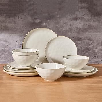 Richmount Ocean 12 Piece Dinner Set, Stoneware 3D Wave Relief Irregularly Shaped Plates and Bowls Set, Reactive Glaze Dinnerware Sets for 4, Dishwasher & Microwave Safe, Stylish & Durable, Beige