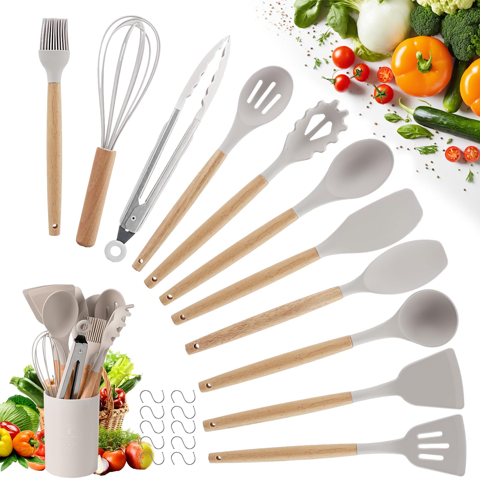 Utensili Cucina Silicone Set - 22 Pezzi Set Mestoli Cucina Manico in Legno - Strumenti da Cucina Resistenti al Calore - Con 10 S Ganci (Kaki)