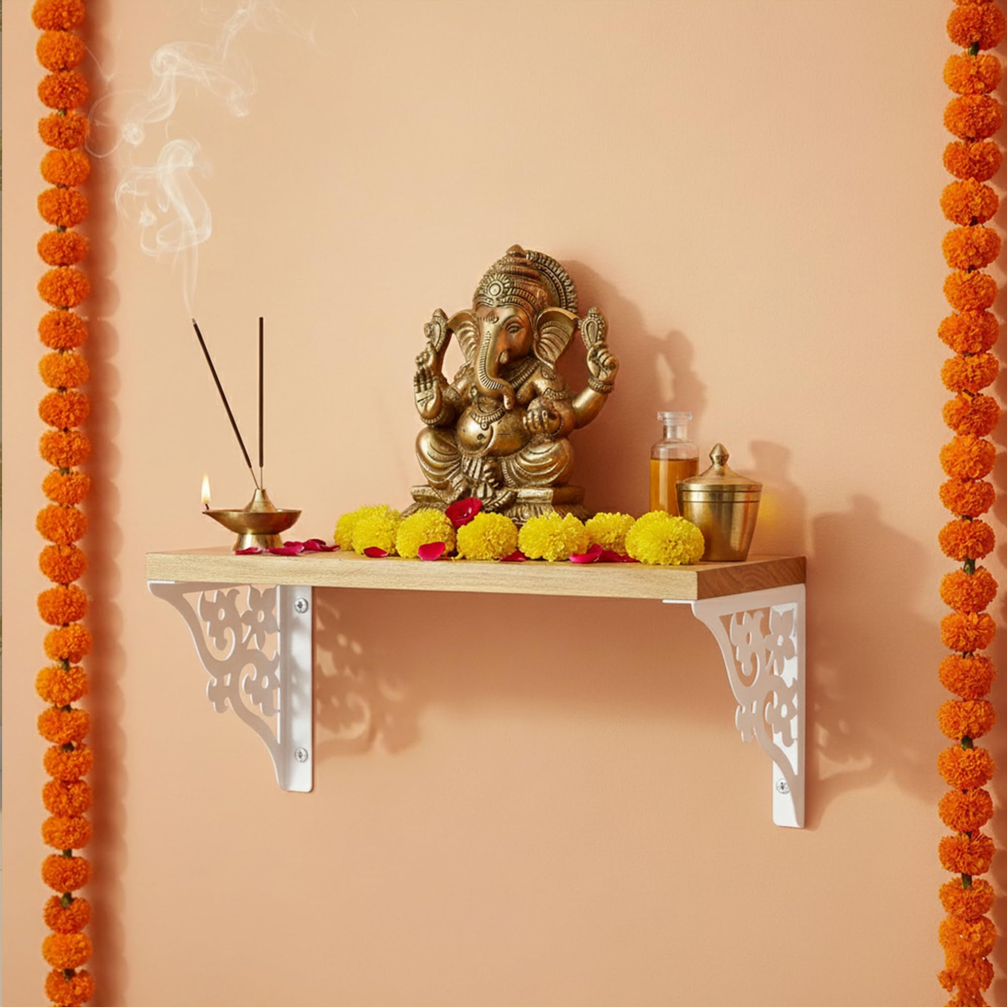 Spillbox Wooden Pooja Home Temple|White Metal Shelf |Wall Mountable|Easy Screw Assembly|Home Temple for Puja Room |Pooja Stand | Mandir-Triple Floral (Large White)-image-13