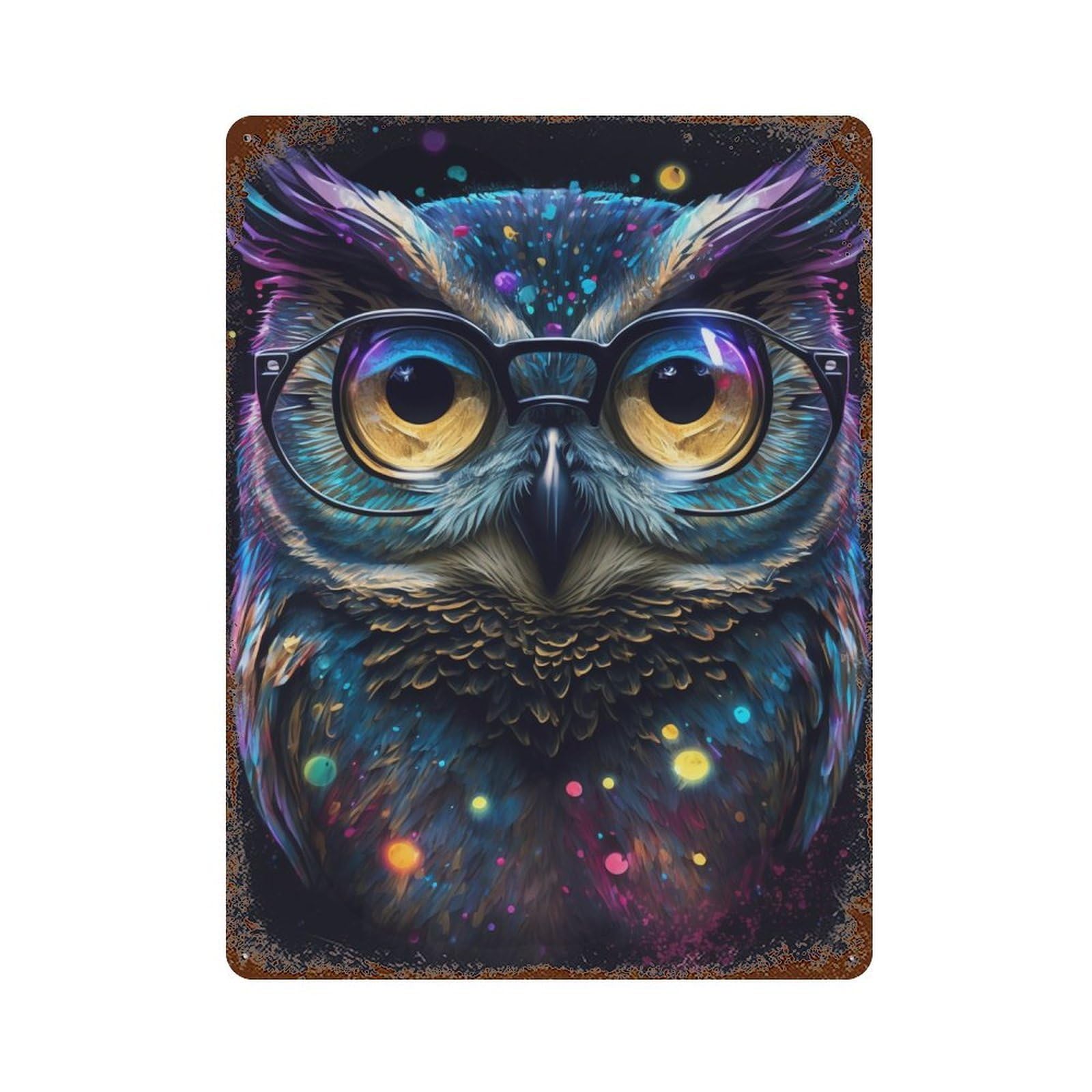 Colorful Owl Art Print-1 Distressed Metal Wall Sign 15.7"x11.8", Rustic Home Decor for Living Room, Hallway And Home Decor