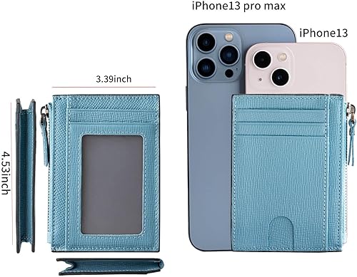 Miniatura 6 de Cartera delgada para mujer, pequeña cartera de cuero con bloqueo RFID, tarjetero minimalista con bolsillo frontal con monederos y bolsas, Azul,