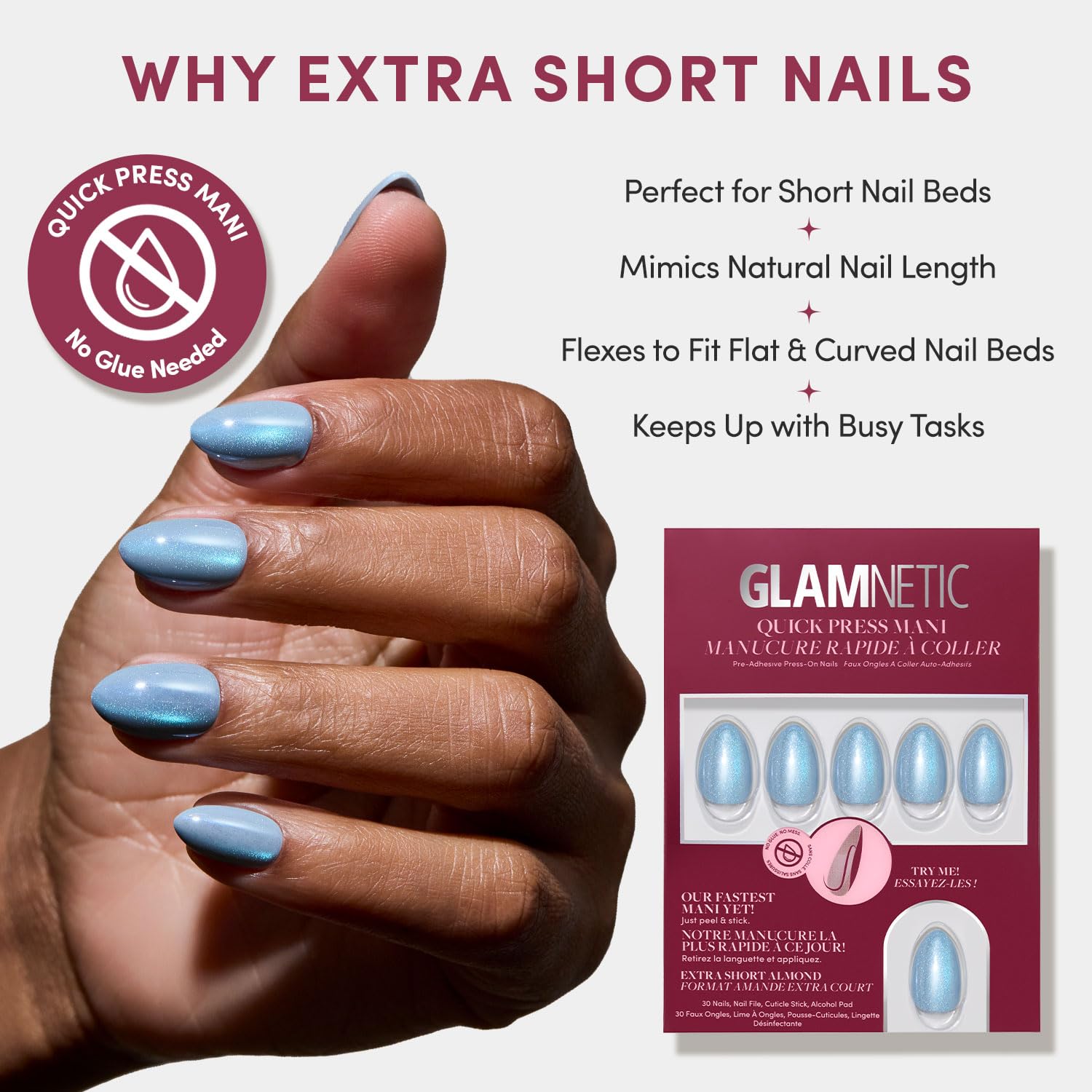 Glamnetic Quick Press Mani - No Glue Press On Nails, Just Peel and Stick, Almond Extra Short Nails, Mess Free, Salon Quality Stick On Nails, Ocean Prism | in 15 Sizes - 30 Nail Kit
