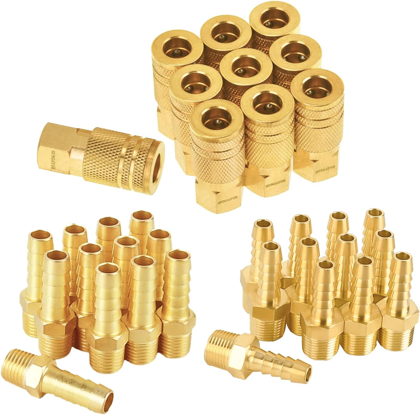 SUNGATOR Air Fitting Set (34-PIECES) 10-PACK 1/4 Inch Female Quick Connector Air Coupler & 12-Pack 1/4" NPT to 3/8" Barb Air Hose Fittings & 12-Pack 1/4" Barb to 1/4" NPT Male Hose Barb Fittings