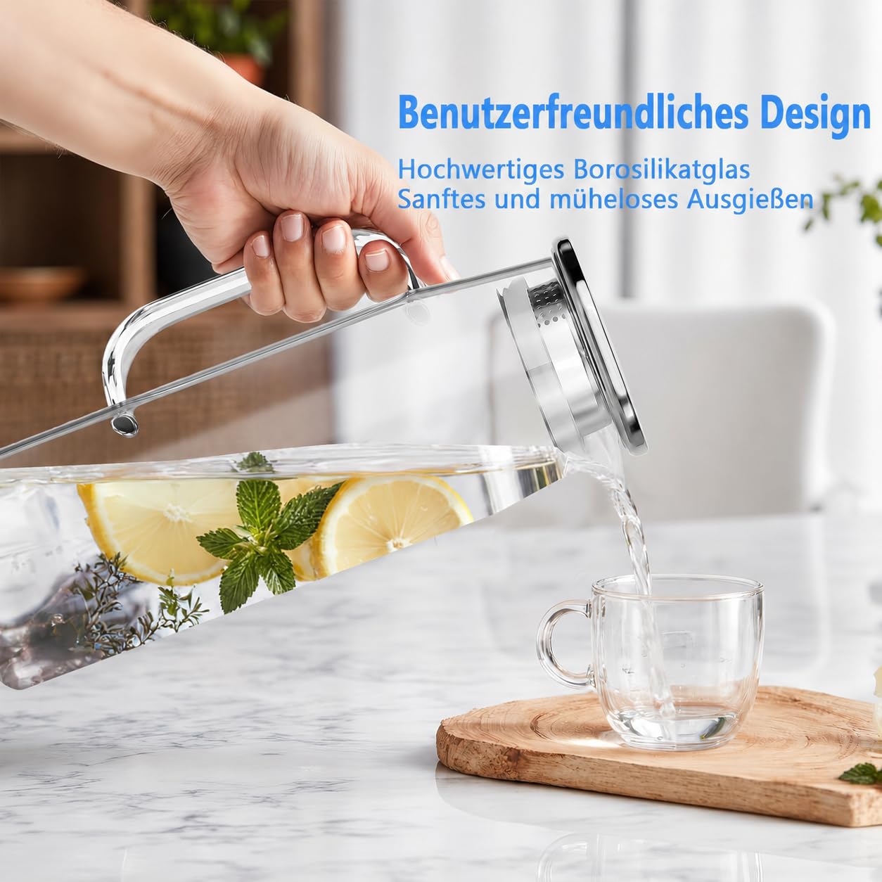 3er Set 1,5 L Wasserkaraffen, Glaskaraffe mit Deckel, Filter & Bürsten | Karaffe aus Glas für Wasser, Infused Water, Eistee und Saft – vielseitiger Wasserkrug für Küche, Esstisch, Büro und Feiern