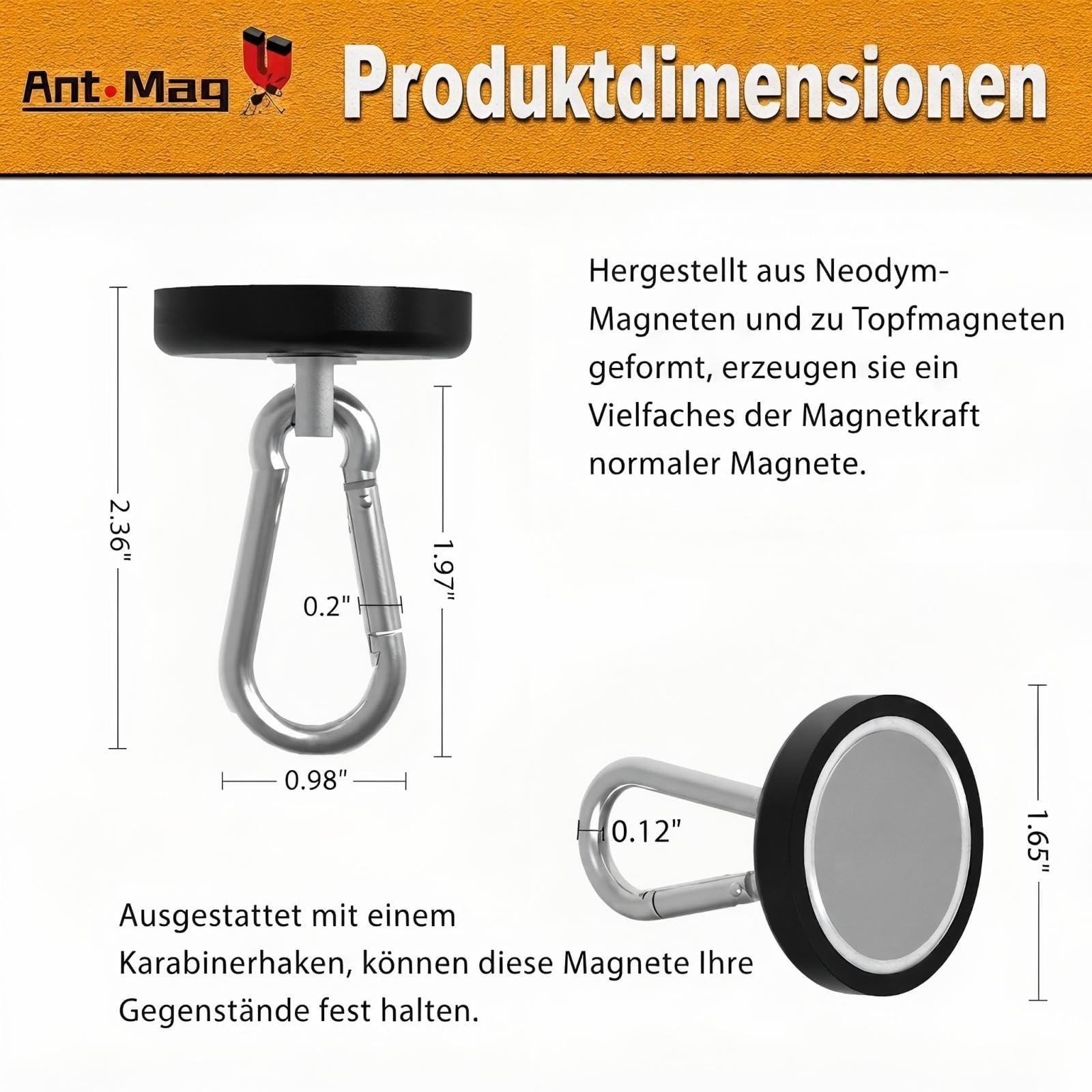 Ant Mag Ganchos magnéticos fuertes de neodimio con fuerza de sujeción de 63,5 kg, gancho de carga pesada con mosquetón giratorio para cocina, baño, dormitorio, garaje, oficina, frigorífico, 8 unidades