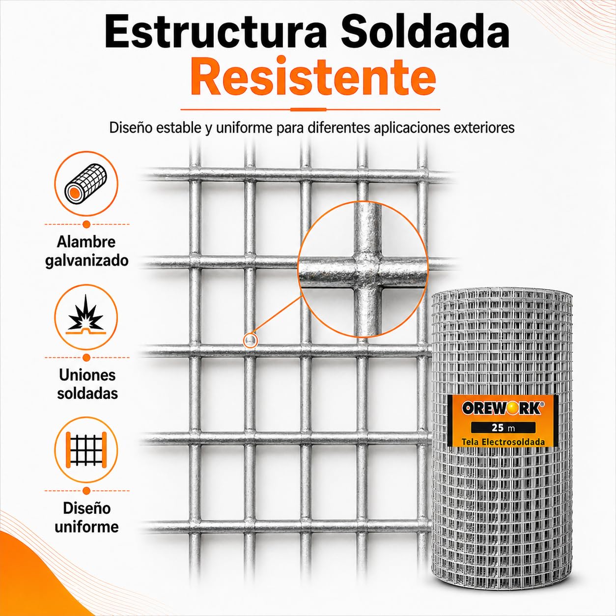 Malla Soldada Galvanizada, para Cierres y Separación de Jardines - 19x19 mm - Ø 1,4 mm - 1,5x25 m