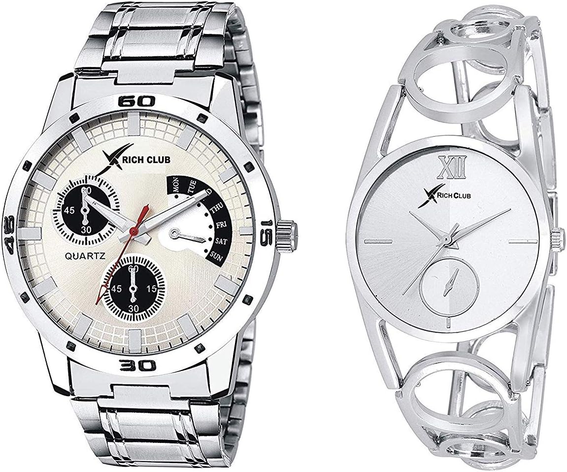 Rich Club Analogue Men's & Women's Watch (White Dial Silver Colored Strap) (Pack of 2)