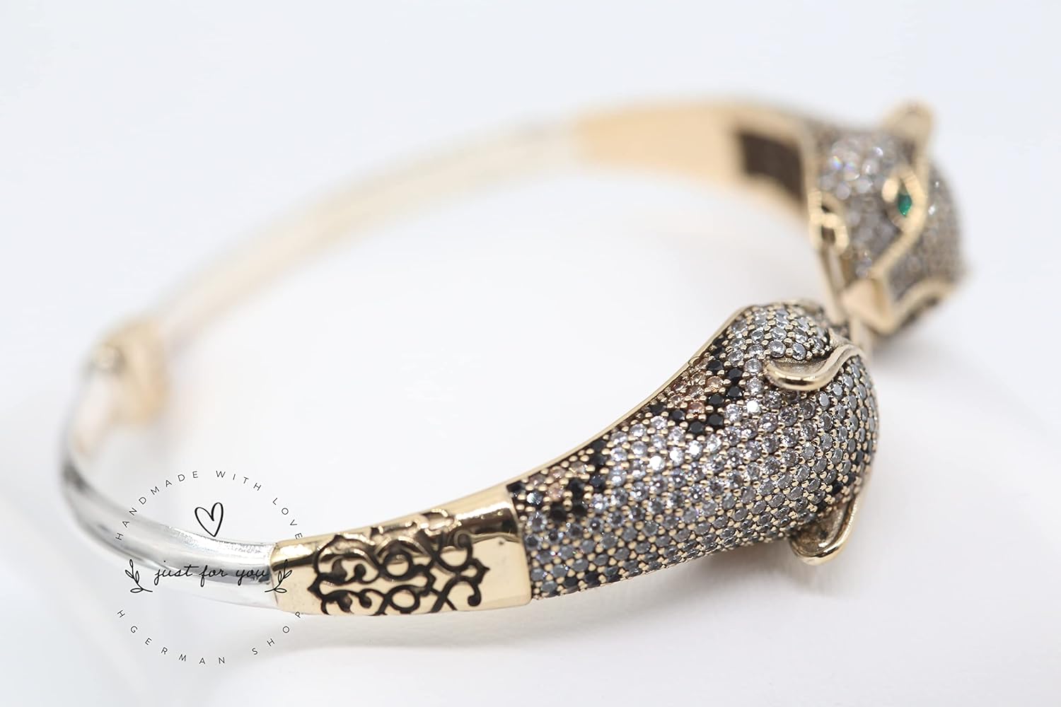 Jaguar Panther Leopard Cubic Zircon Bracelet, Sterling Silver Bracelet, Gift for Her, Leopard Bracelet, Cheetah Bracelet, Cat Bracelet,Tiger, Inspired Cheetah Big Cat Animal Bracelet, Free Size