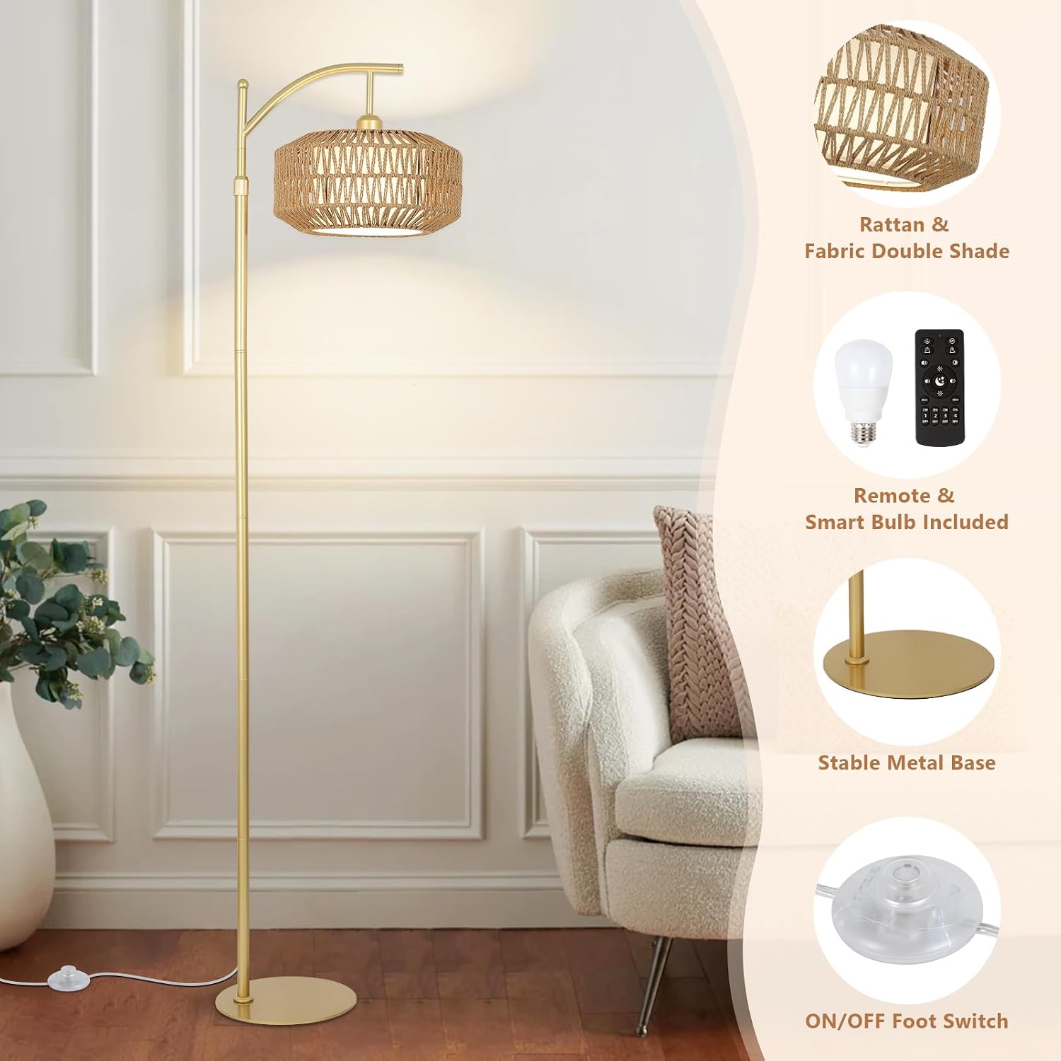 LAMSU Arc Gold Floor Lamp with Remote and LED Bulb, Dimmable Floor Lamps for Living Room with Rattan and Fabric Shades, Boho Tall Lamp with 3 Color Temperatures, Corner Standing Lamps for Bedroom