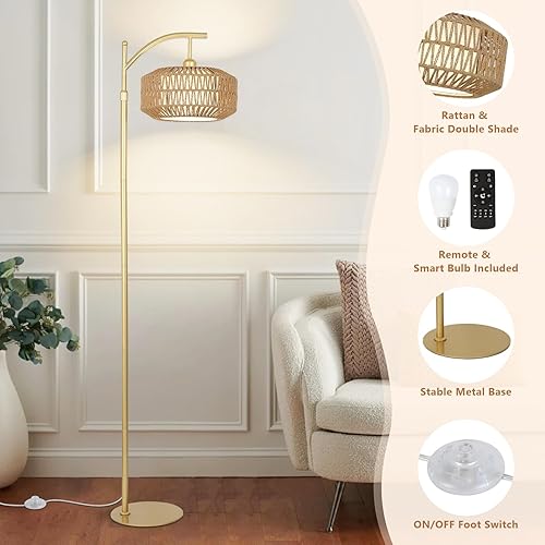Miniatura 7 de Lámpara de pie Arc Gold con control remoto y bombilla LED, lámparas de pie regulables para sala de estar con pantallas de ratán y tela, lámpara alta