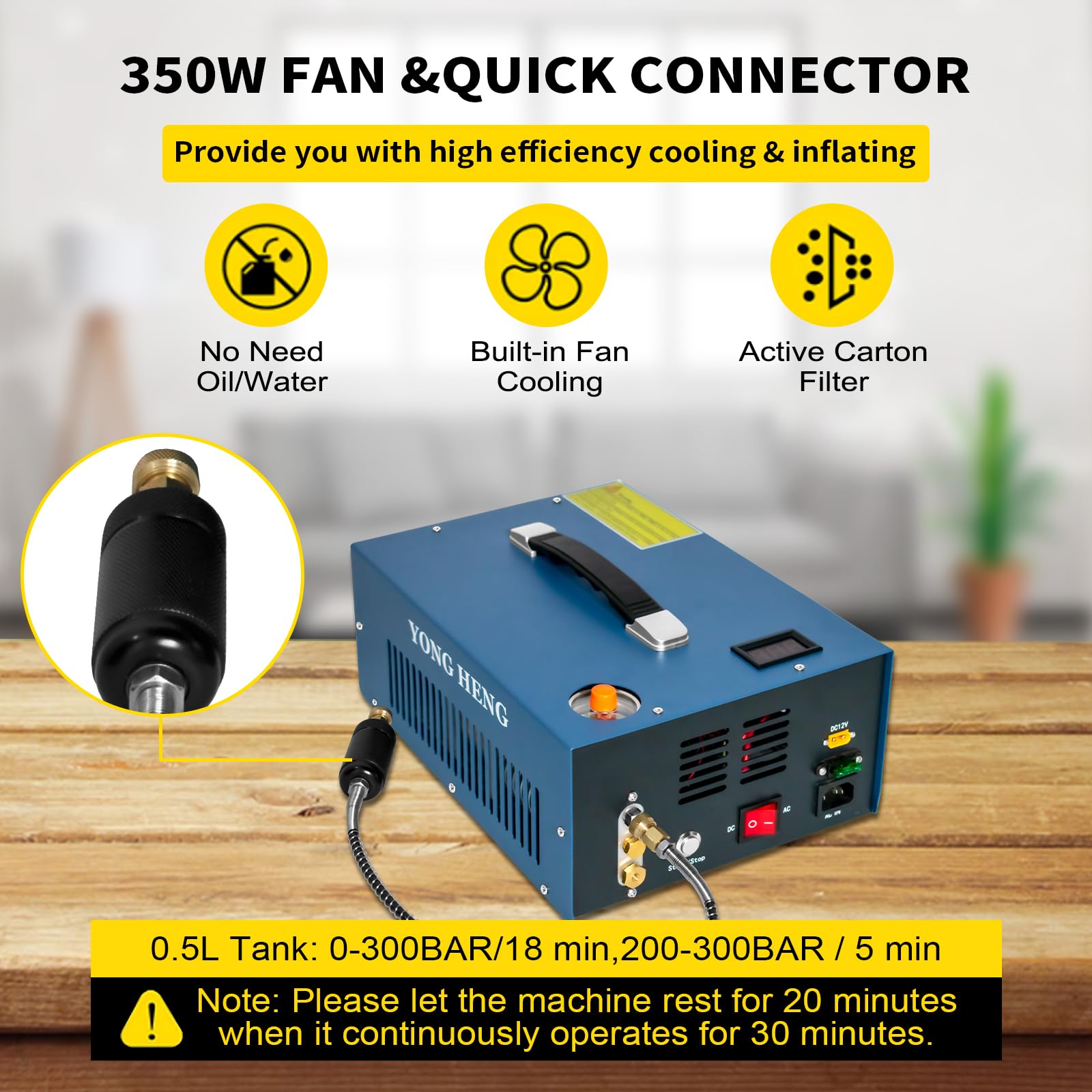 YONGHENG Compresor de aire PCP, apagado automático de 30Mpa sin aceite/agua, pistola de aire de presión y bomba de tanque de paintball con separador de agua/aceite, adaptador de corriente integrado