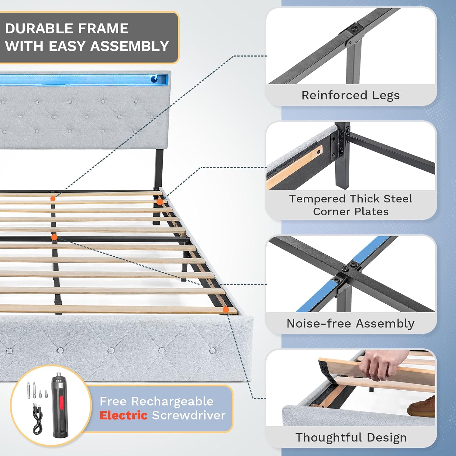 Diagram showing bed frame components and included electric screwdriver