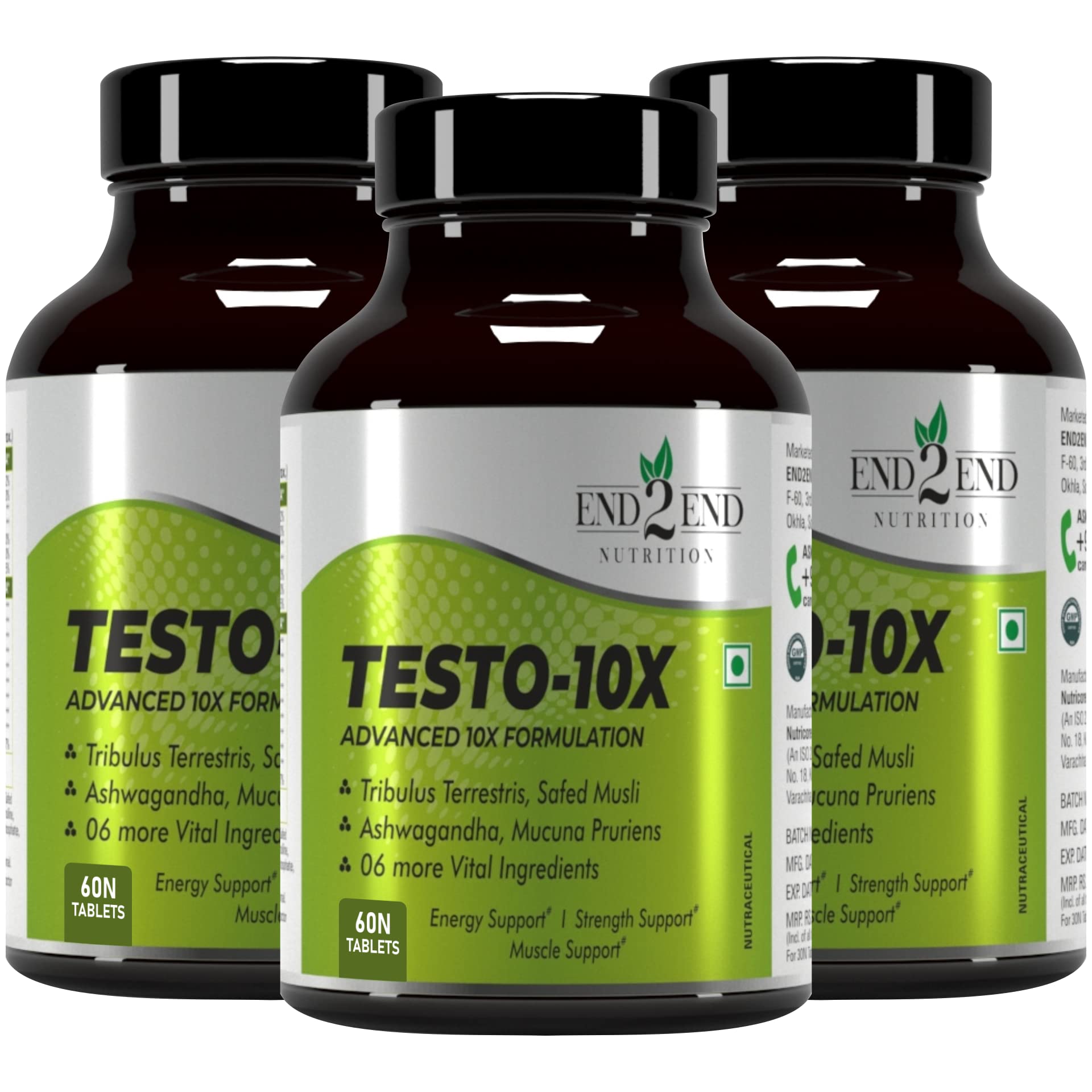 End2End Nutrition Testo-10X Natural Testosterone Booster for Men with Tribulus, L-Arginine, Ashwagandha and Safed Musli for Strength, Stamina, Energy and Muscle Gain – (Pack of 3) 60x3 Tablets (B09YGPSTCY) Amazon Price History, Amazon Price Tracker