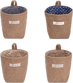 Sansheng 4-Pack Foldable Linen Wall Hanging Storage Bags - Striped & Dotted Baskets for Dorm, Kitchen, Bedroom Organization (3.93x3.93x5.31")