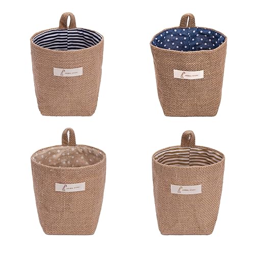 sansheng Paquete de 4 bolsas de almacenamiento colgantes de pared, bolsas de almacenamiento colgantes de algodón y lino, cesta plegable para colgar
