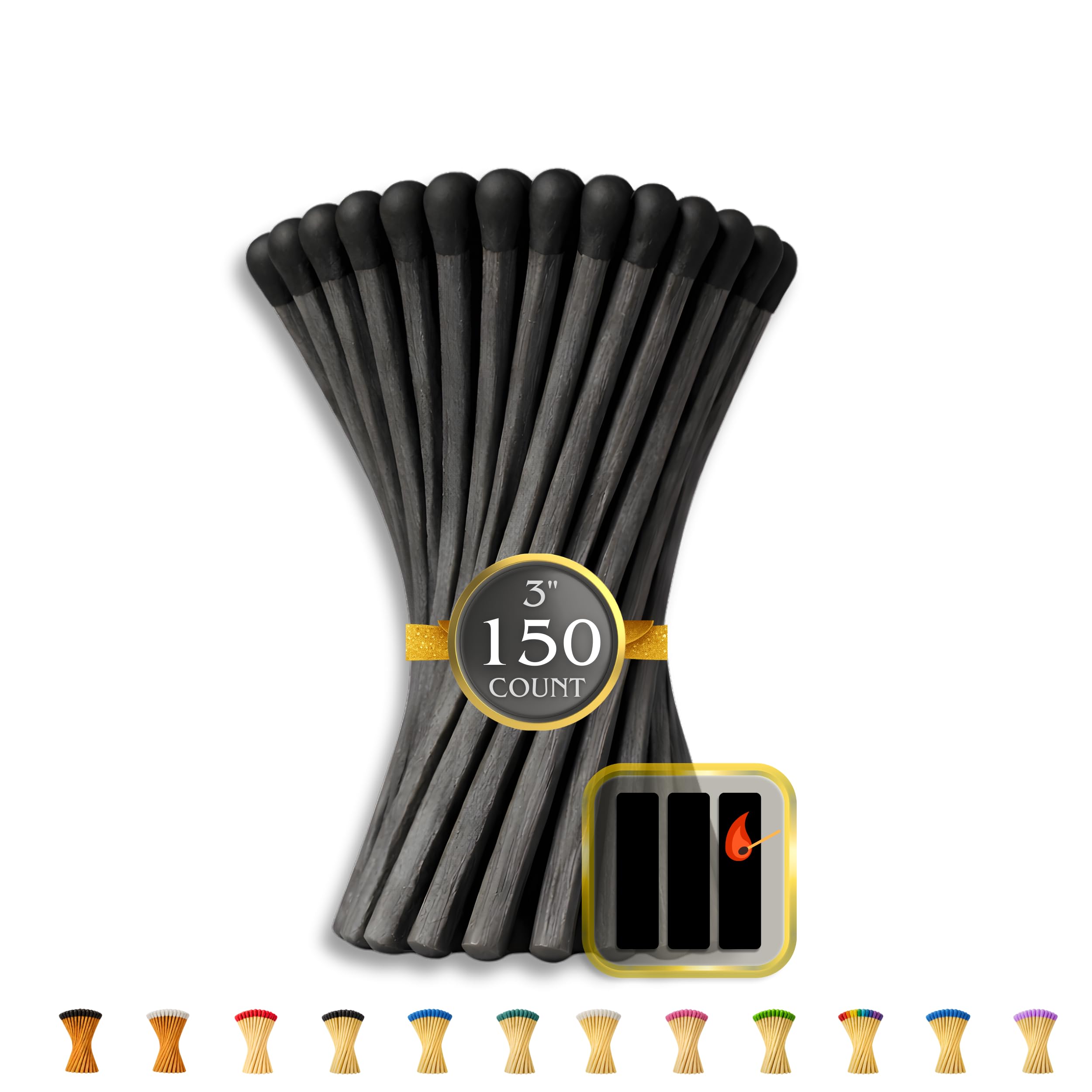 150 Count | 3" Black ON Black Matches | Strikers Included | Color Tip Wooden Match | Refill for Matchstick Jars, Candle Display, Holders & Bottles | 3 in inches Long