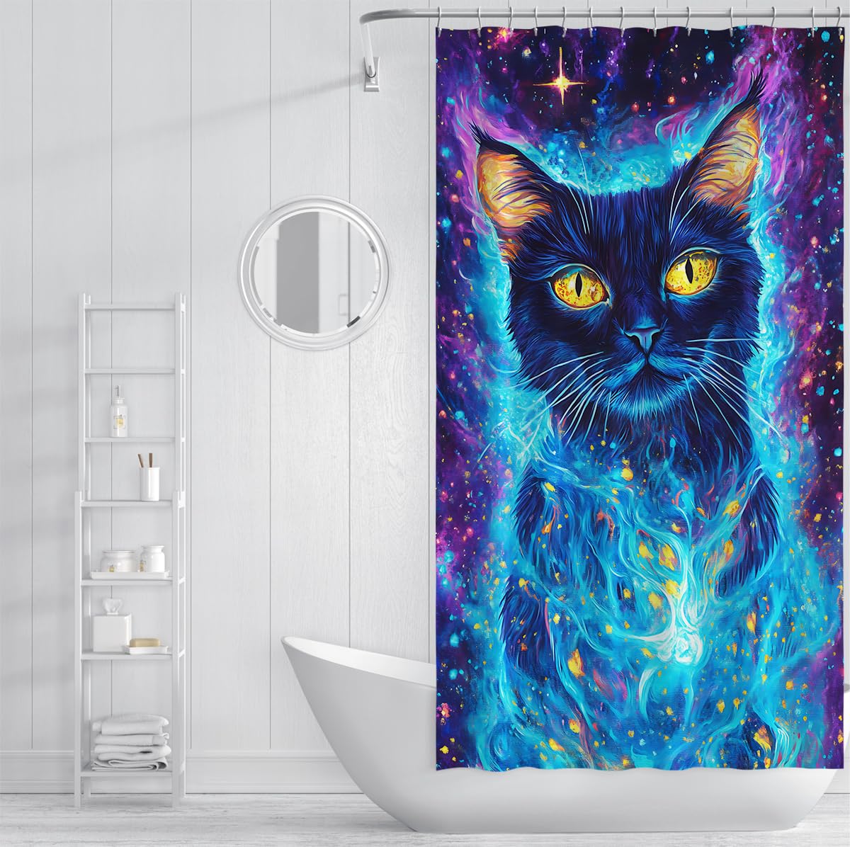 Kosmische Schwarze Katze Duschvorhang Sternendeko 180 x 200 cm