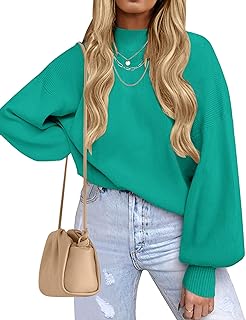 Women's Casual Turtleneck Long Lantern Sleeve Fall 2025 Oversized Ribbed...