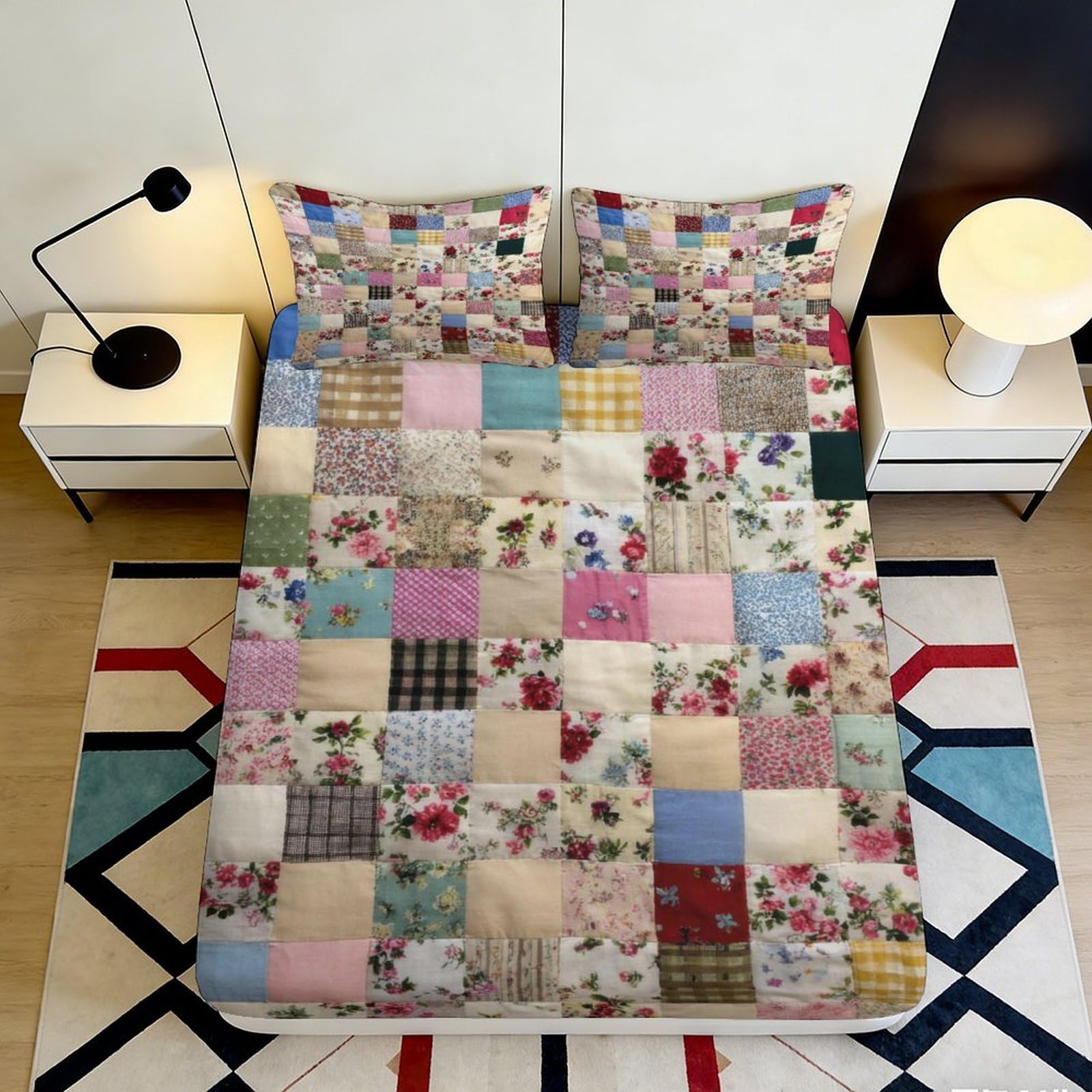 Jqzkxnhpbr Style-1 3D Printed Patchwork Floral Fitted Sheet Microfiber Colourful Vintage Geometric Bed Cover For Bedroom Guest Room Easy Care 90X200x25cm