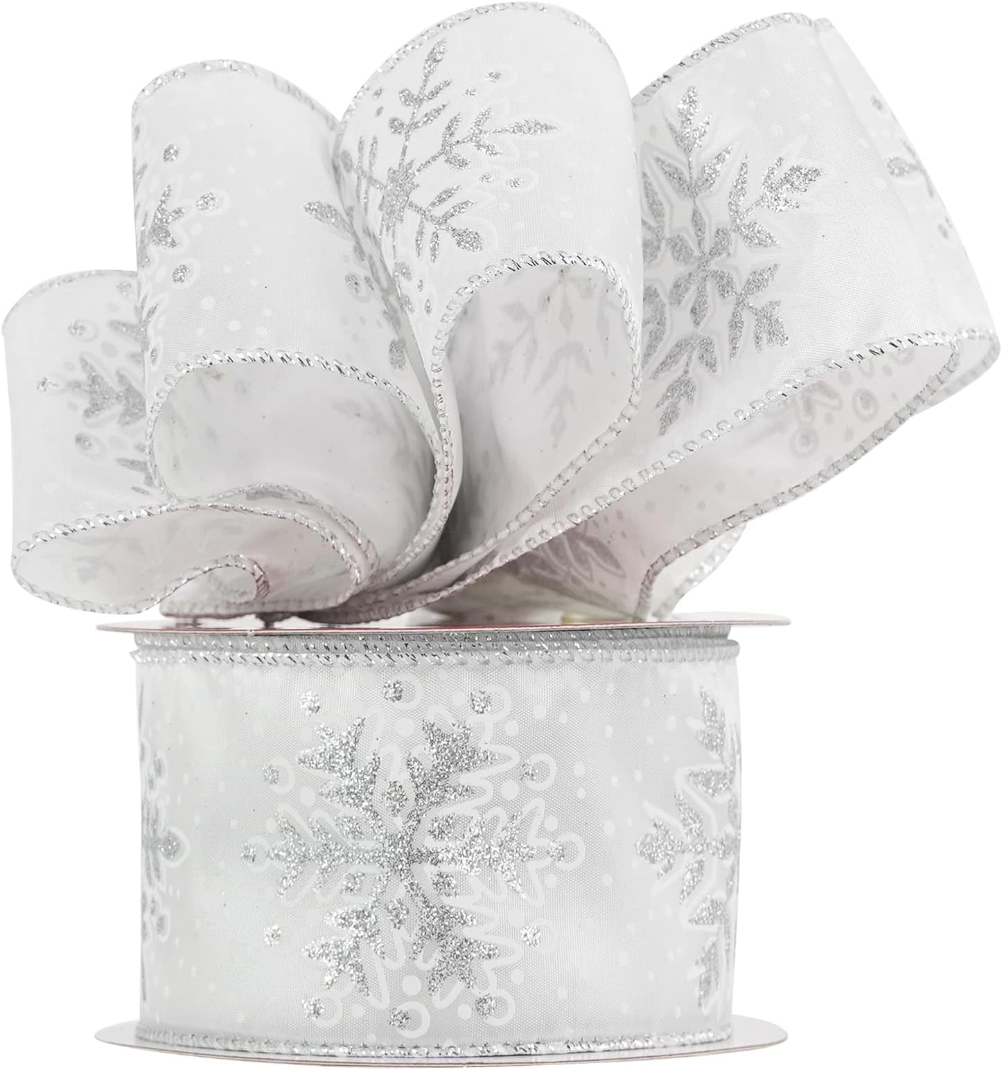 MEEDEESilver Snowflake Wired Ribbon - 2.5 Inch White & Silver for Christmas Tree, Winter Decor, Garlands, Wreaths, Gift Wrapping (10 Yards)