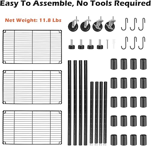 Miniatura 8 de WDT Estantes de almacenamiento de 3 niveles, estantes de metal resistente, estante ajustable con ruedas para hogar, oficina, garaje, cocina, baño