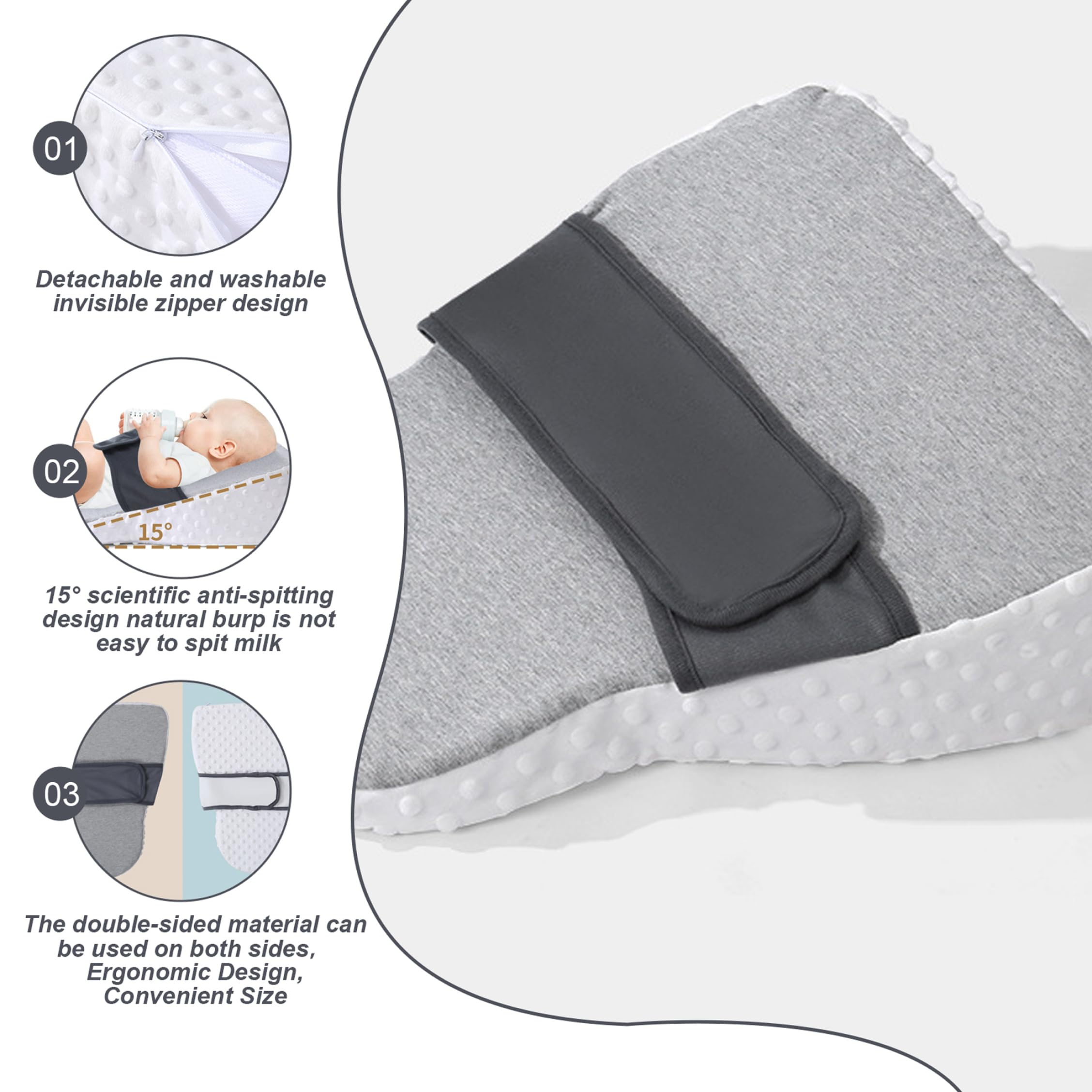 Almohada de reflujo para bebés, Almohada de alimentación para bebés con Pendiente Suave con Tela de Doble Cara y Soporte de Correa Ajustable y Fija para Lactancia, alimentación Infantil 1