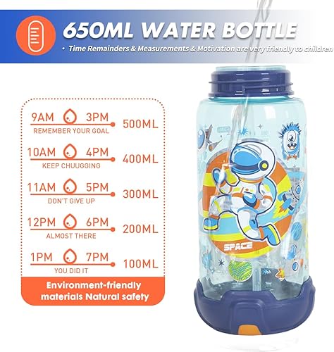 Miniatura 36 de Botella de agua para niños con pajita/cordón para niños de la escuela, niños y niñas, 22 oz / 650 ml, sin BPA, botella de agua para beber para H01.