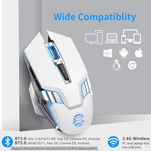 Miniatura 5 de Ratón Bluetooth blanco, inalámbrico USB recargable y BT5.03.0 de modo dual con luz RGB, botones laterales, 2400 DPI, mouse ergonómico inalámbrico