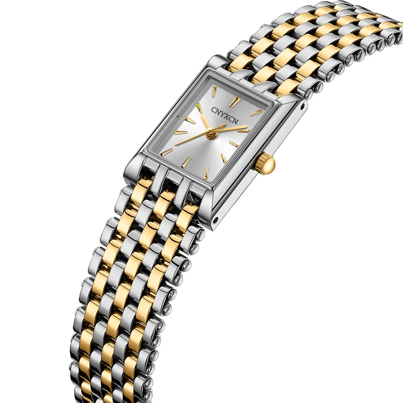 CNYXCN Reloj de pulsera cuadrado de cuarzo para mujer con correa de acero inoxidable, herramienta de ajuste de pulsera incluida, Dorado, plateado y dorado