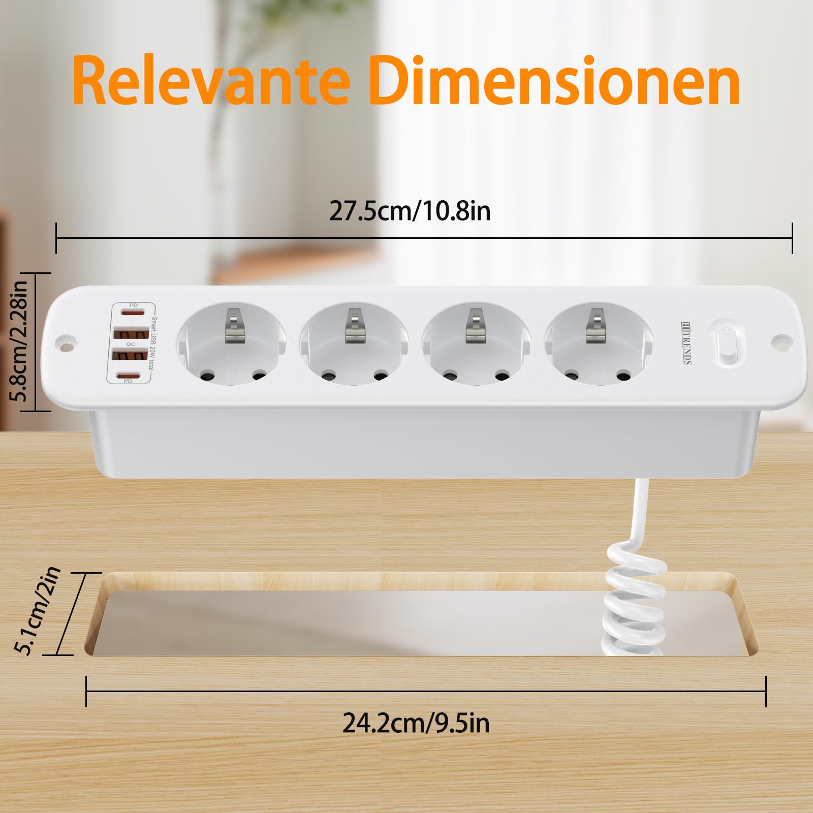 Regleta de mesa plegable con 4 enchufes y 4 puertos USB (2 USB A + 2 Type-C) y interruptor, enchufe de montaje para mesa con cable en espiral de 2 m, 4000 W/16 A, para oficina, oficina en casa — view 4