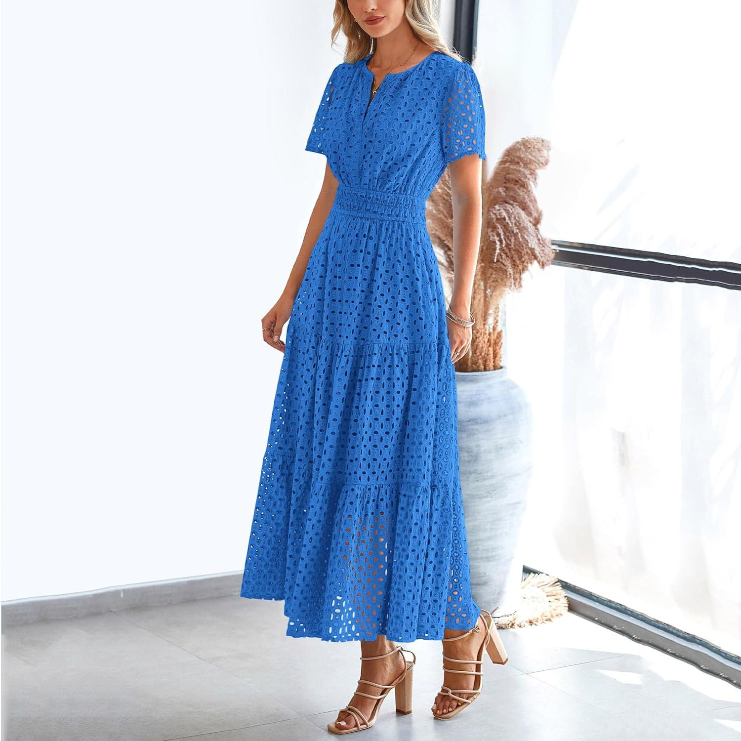 Vestidos de Verano, Vestido de Manga Corta con Ojales, Cuello en V,Vestidos playeros Largos y fluidos, Estilo Bohemio, Elegante, Informal, Largo, con Bolsillos, Vestido de Verano Informal.
