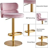 Vista 4 de Velvet Bar Stools Modern Swivel Adjustable Height Kitchen Counter Bar Stools with Footrest for Living Room Dining Room (GOLG, Pink 1pcs)