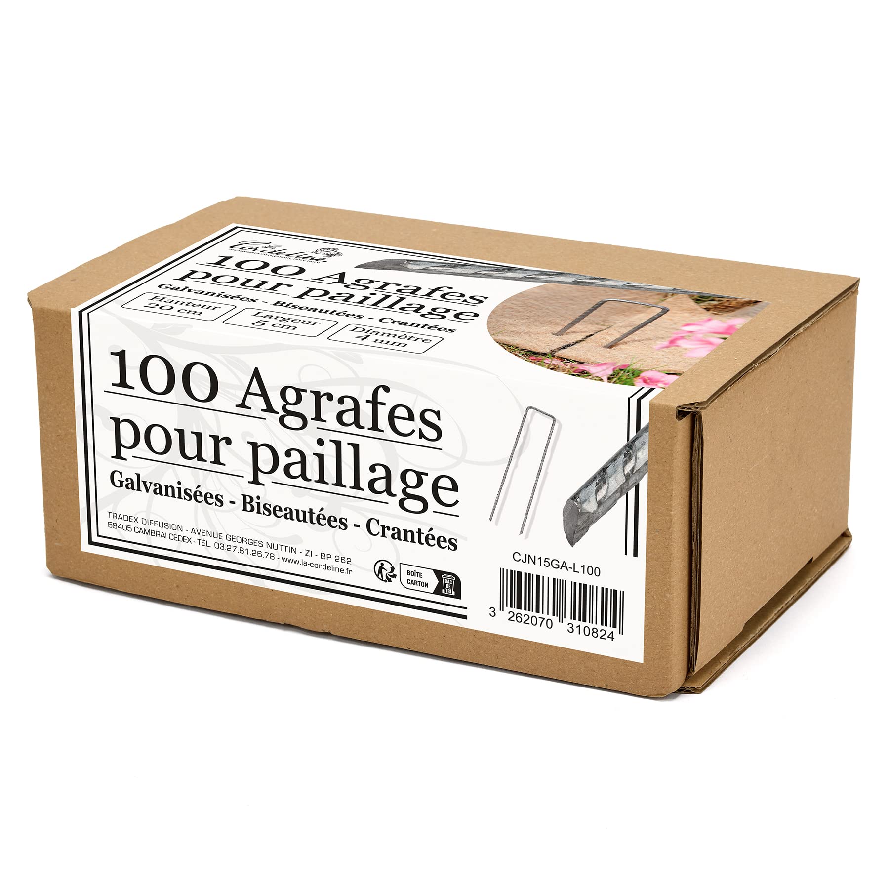 Lot 100 agrafes Acier Galvanisé Crantées Ø4mm Longueur 20cm Largeur 5cm - Agrafes Paillage, Fixation grillage et filets